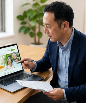 ノートPCを確認する男性コンサルタント風のイメージ