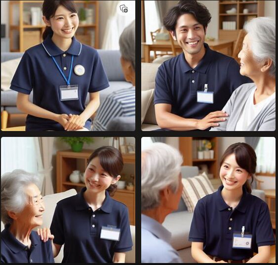 訪問介護サービスを行う、日本人女性の介護福祉士。紺色のポロシャツを着ている。高齢者と笑顔で会話している。自宅のリビング。（をbing image createrで出力）
