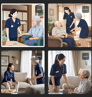 訪問介護サービスを行う、日本人女性の介護福祉士。紺色のポロシャツを着ている。高齢者と笑顔で会話している。自宅のリビング。（をcanvaで出力）