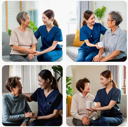訪問介護サービスを行う、日本人女性の介護福祉士。紺色のポロシャツを着ている。高齢者と笑顔で会話している。自宅のリビング。（をadobe fireflyで出力）