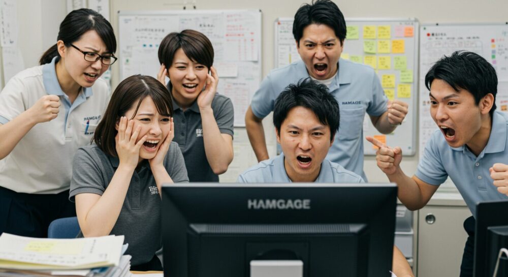 モニター画面に驚く介護職員