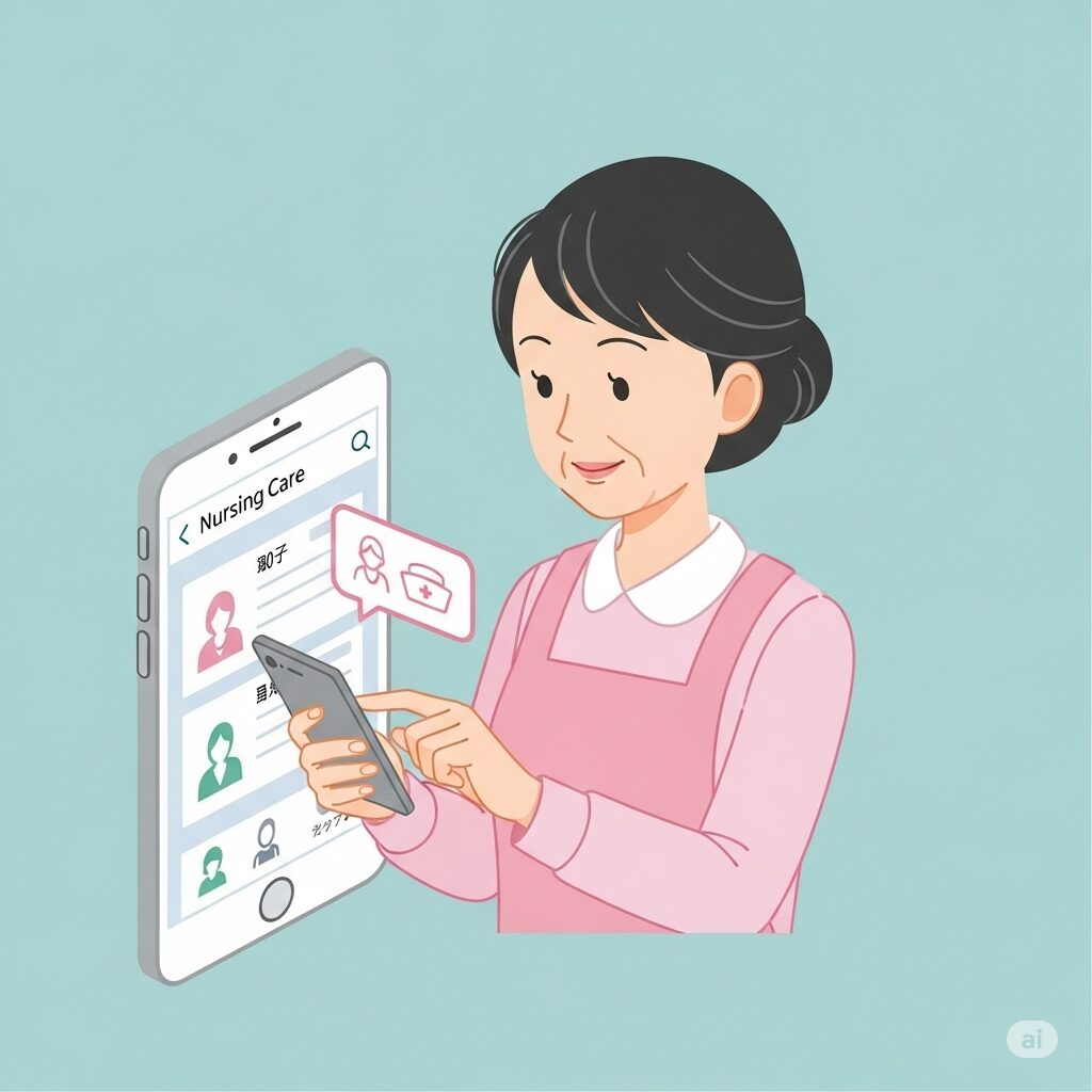 スマートフォンからの入力を行う女性ホームヘルパー
