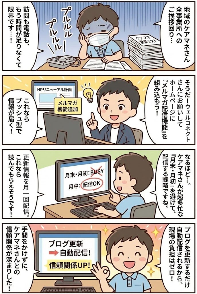 事例。ケアマネ営業メルマガを配信を自動。4コマ漫画