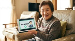 重要事項説明書の動画を視聴する高齢者