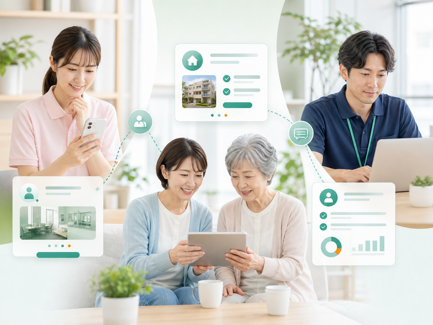 求職者、利用者家族、ケアマネジャーがホームページを見るイメージ