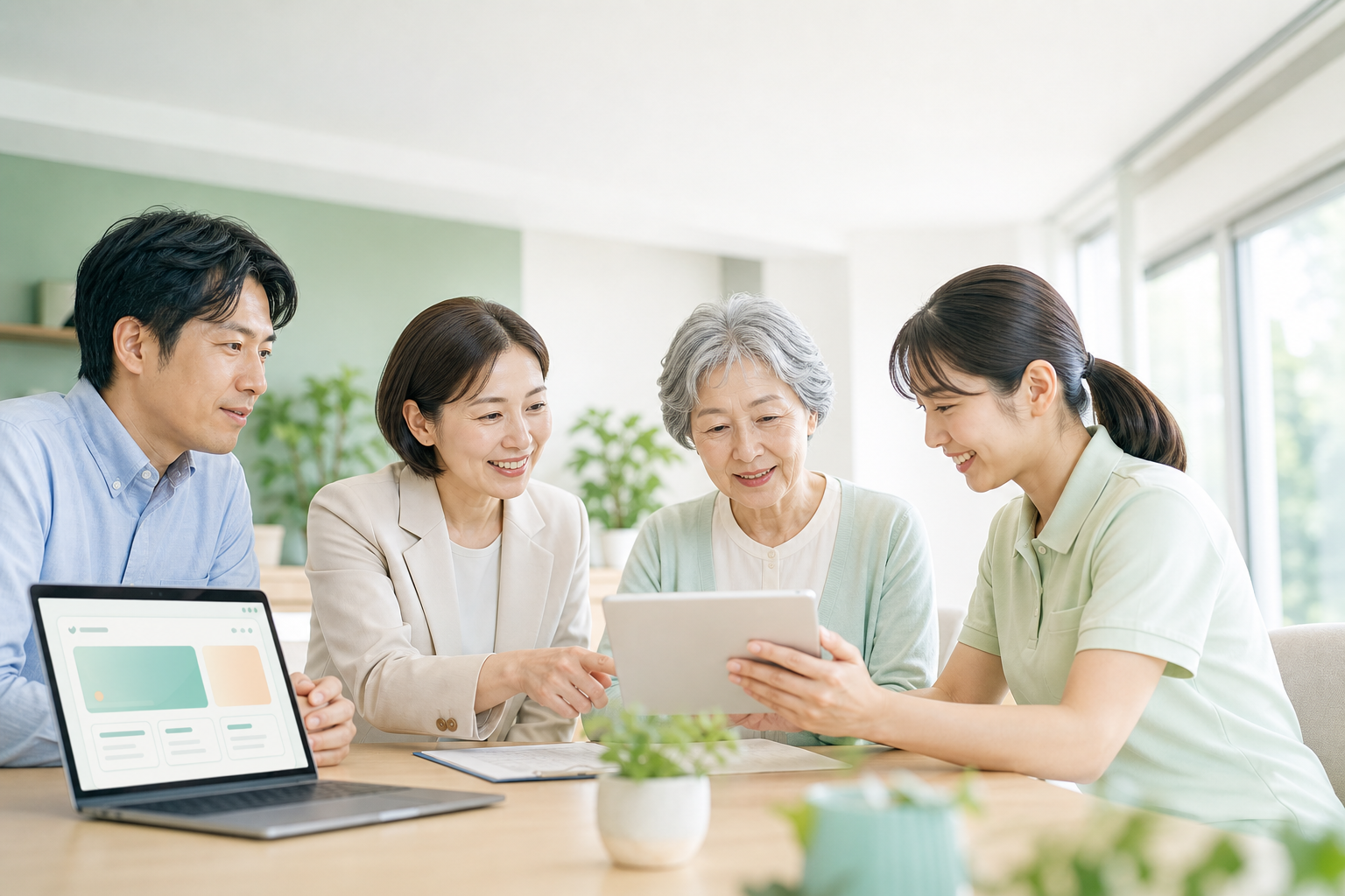 介護スタッフと利用者家族がホームページ情報を確認しているイメージ